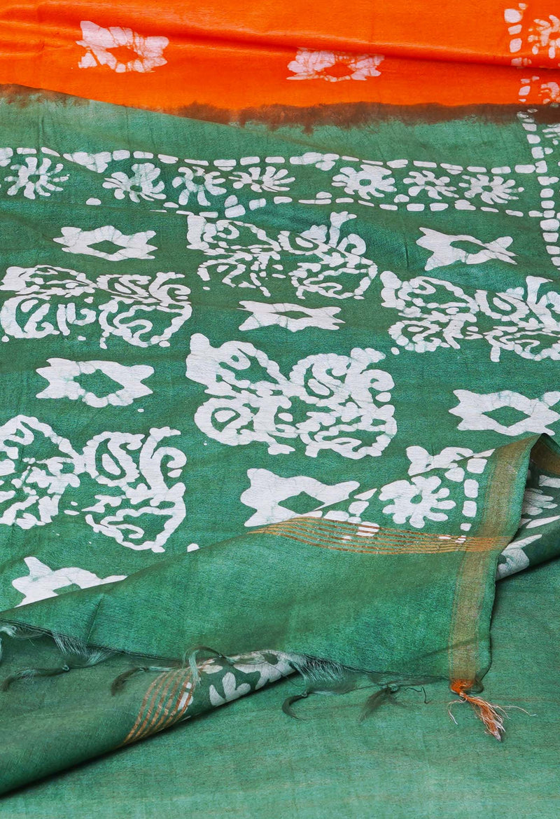 Orange-Green  Batik Printed Chanderi Sico Saree-UNM73150