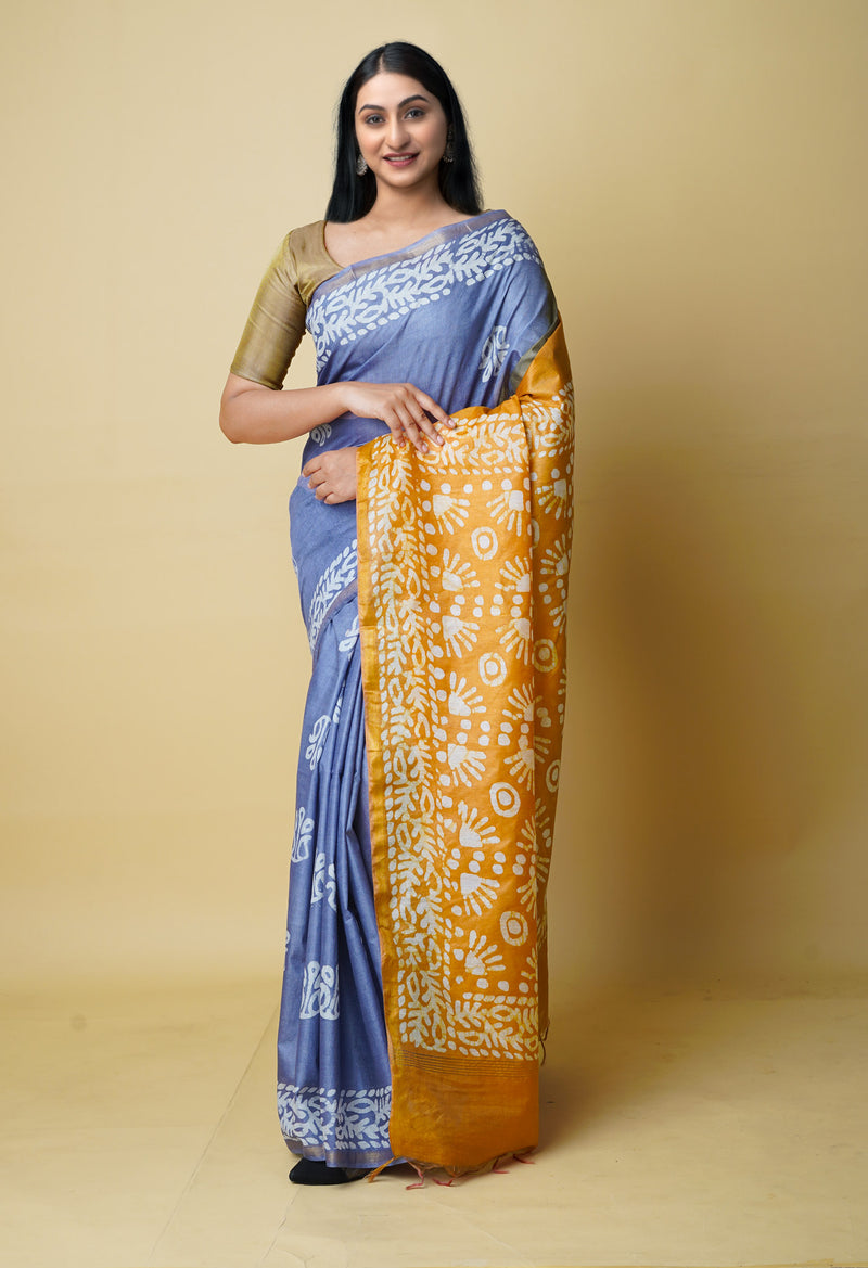 Bluish Grey-Sandal Wood Brown  Batik Printed Chanderi Sico Saree-UNM73151