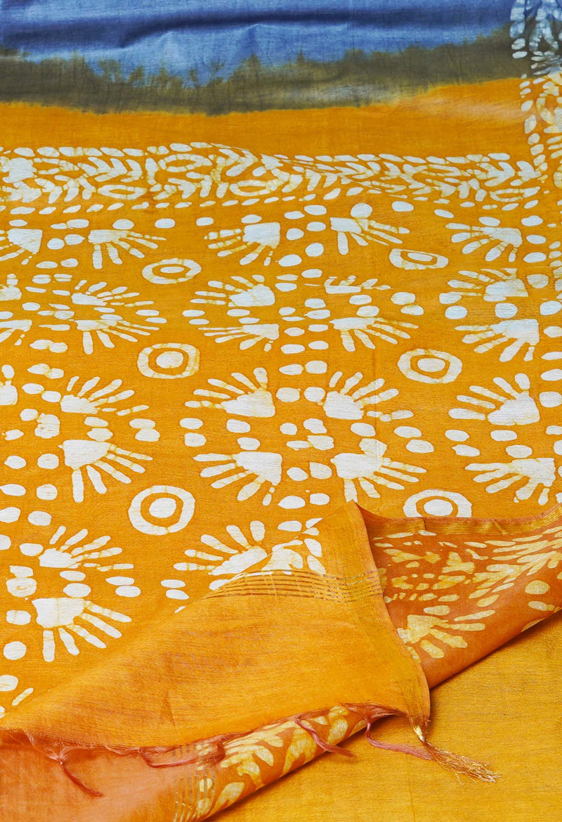 Bluish Grey-Sandal Wood Brown  Batik Printed Chanderi Sico Saree-UNM73151