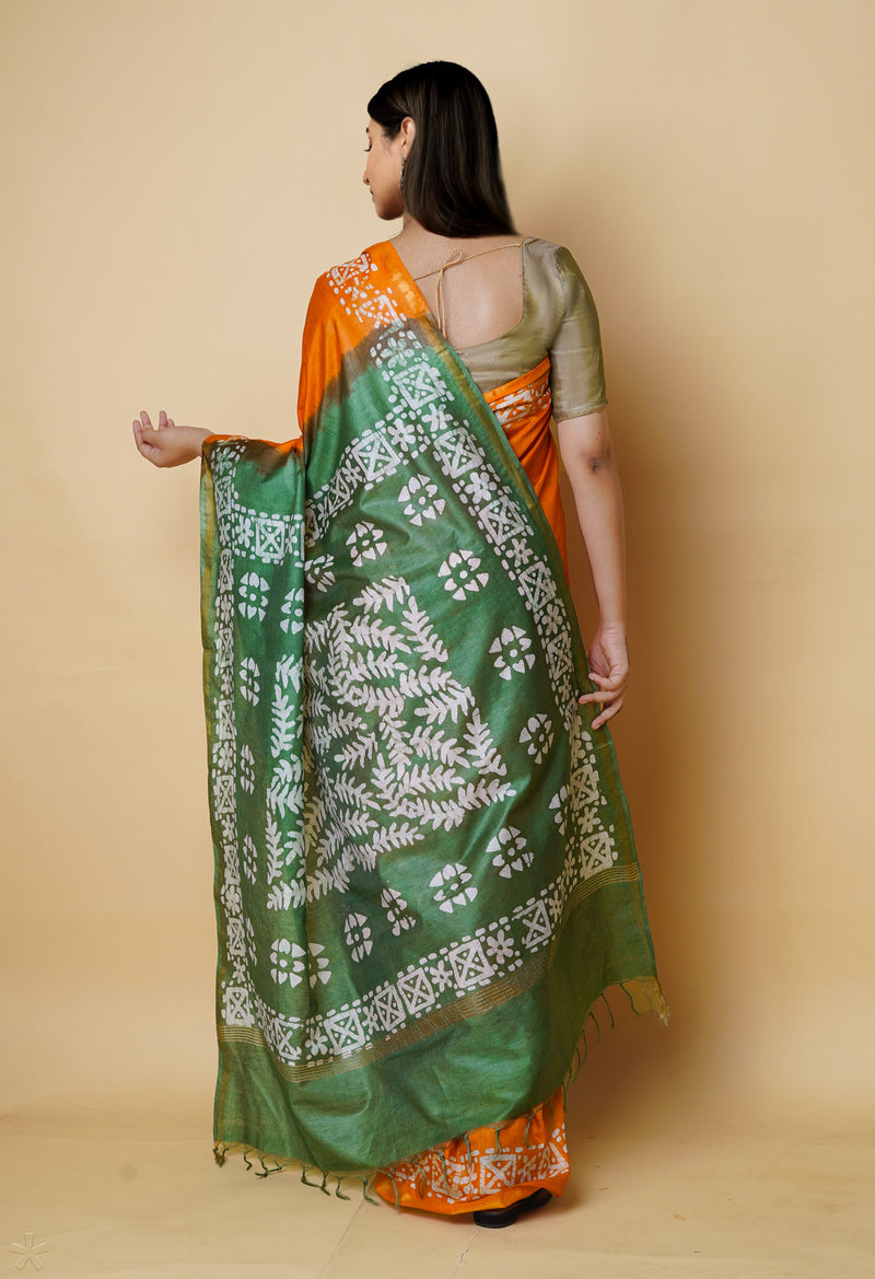 Orange-Green  Batik Printed Chanderi Sico Saree-UNM73153