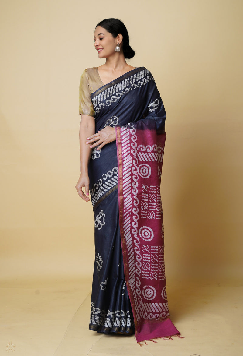 Black-Grape Pink  Batik Printed Chanderi Sico Saree-UNM73155