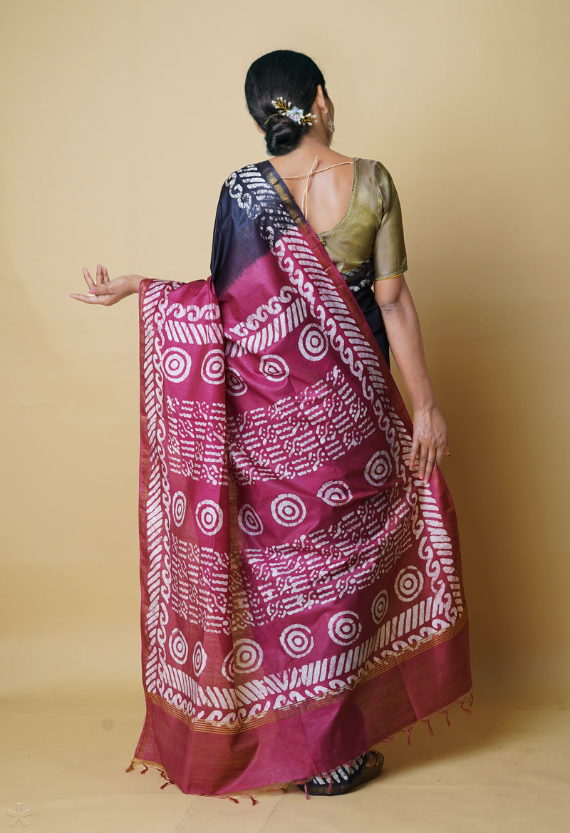 Black-Grape Pink  Batik Printed Chanderi Sico Saree-UNM73155