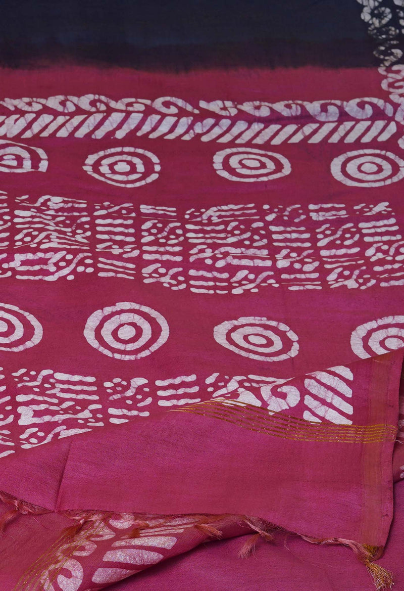 Black-Grape Pink  Batik Printed Chanderi Sico Saree-UNM73155