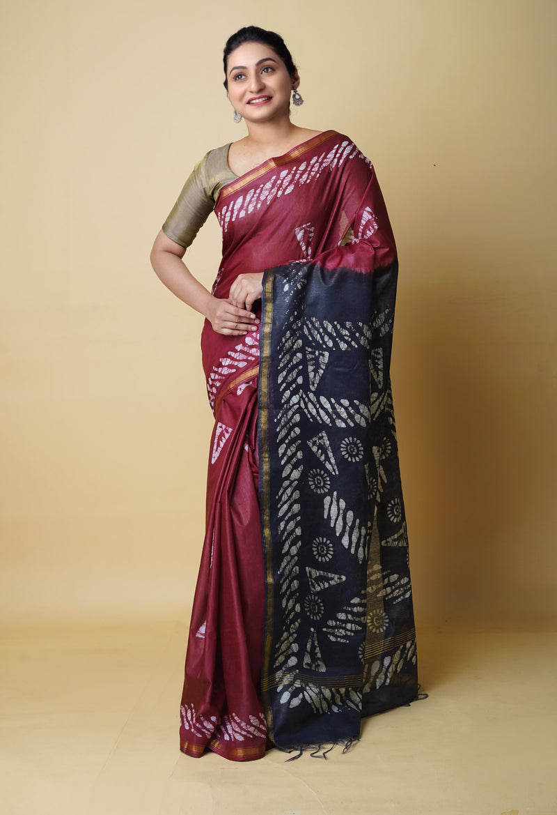 Maroon-Black  Batik Printed Chanderi Sico Saree-UNM73158