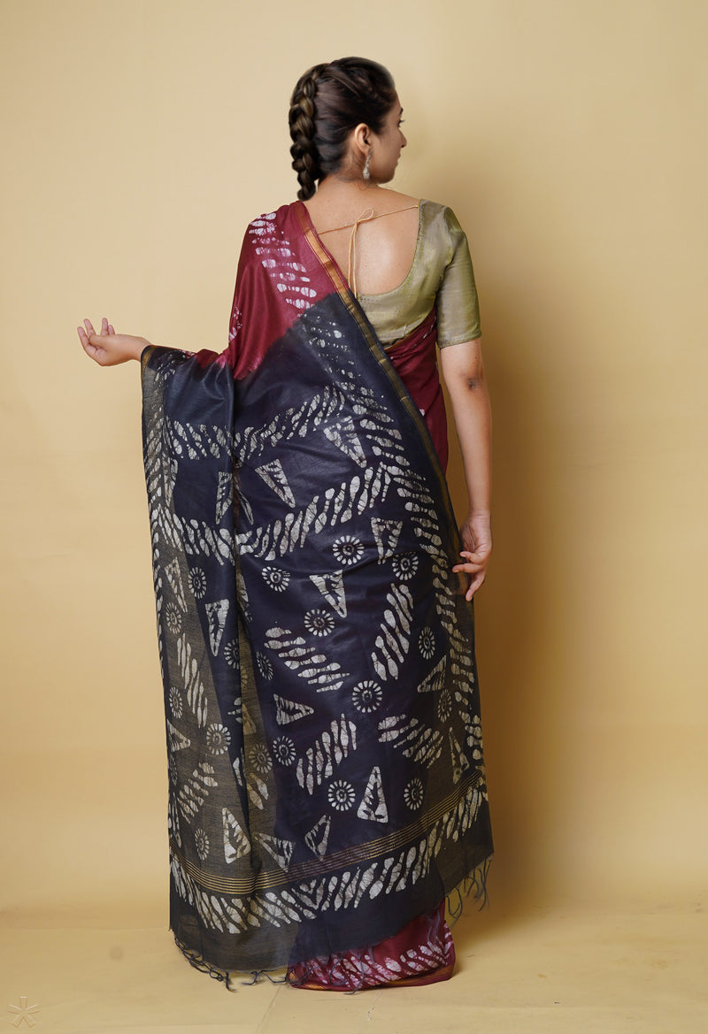Maroon-Black  Batik Printed Chanderi Sico Saree-UNM73158