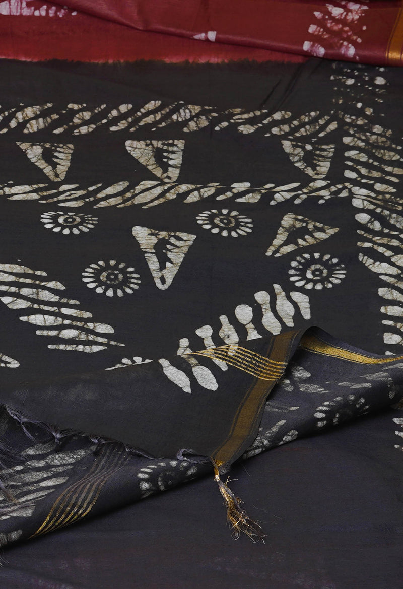 Maroon-Black  Batik Printed Chanderi Sico Saree-UNM73158