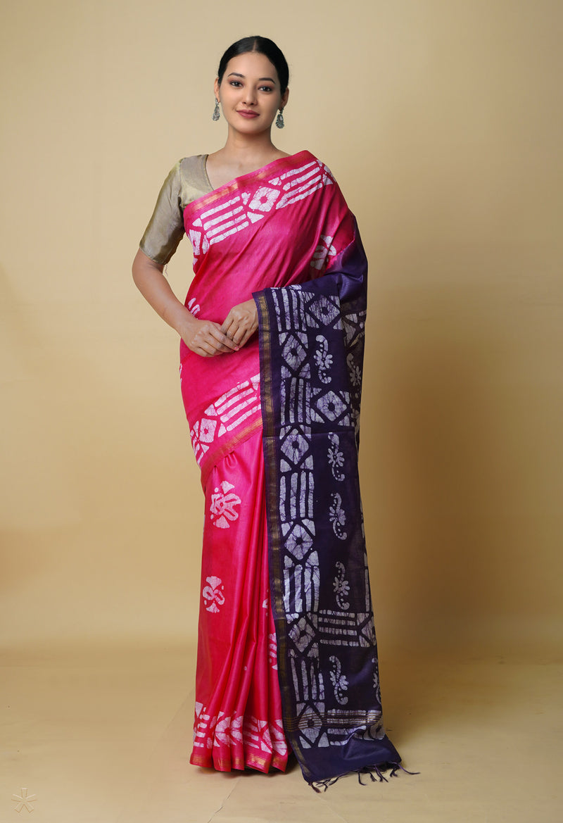 Pink-Dark Violet  Batik Printed Chanderi Sico Saree-UNM73159