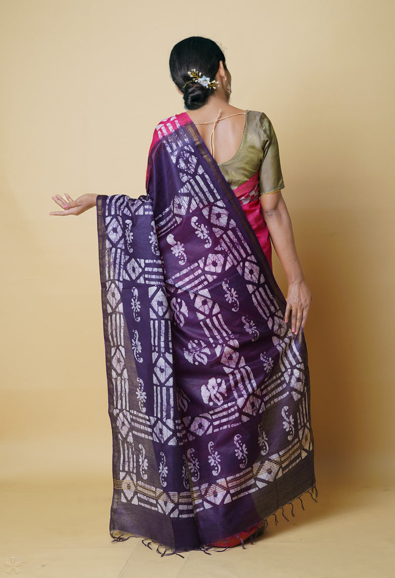 Pink-Dark Violet  Batik Printed Chanderi Sico Saree-UNM73159
