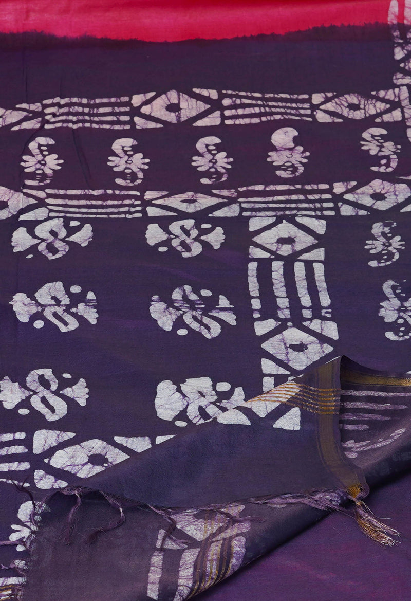 Pink-Dark Violet  Batik Printed Chanderi Sico Saree-UNM73159