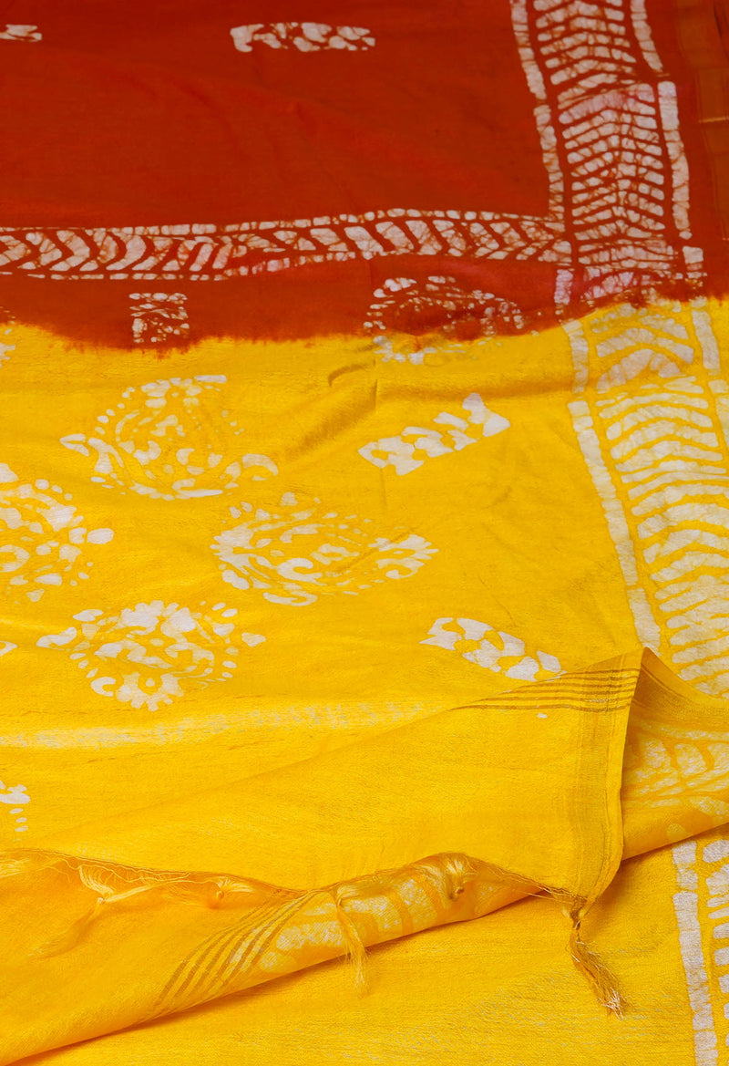 Red-Yellow  Batik Printed Chanderi Sico Saree-UNM73161