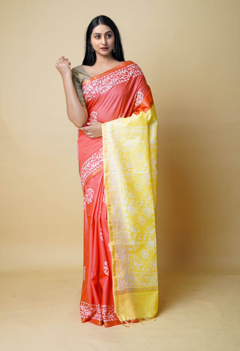 Coral Red-Yellow  Batik Printed Chanderi Sico Saree-UNM73164