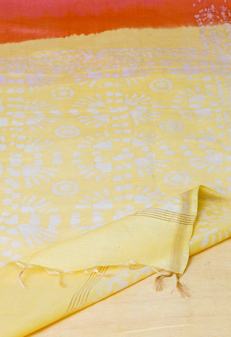 Coral Red-Yellow  Batik Printed Chanderi Sico Saree-UNM73164