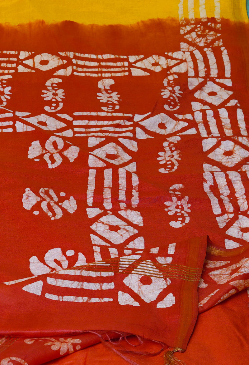 Yellow-Red  Batik Printed Chanderi Sico Saree-UNM73167