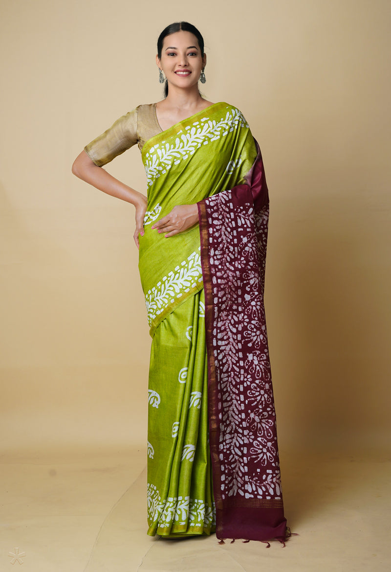Olive Green-Maroon  Batik Printed Chanderi Sico Saree-UNM73168