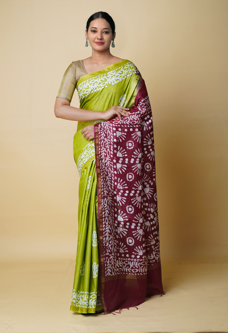 Olive Green-Maroon  Batik Printed Chanderi Sico Saree-UNM73169