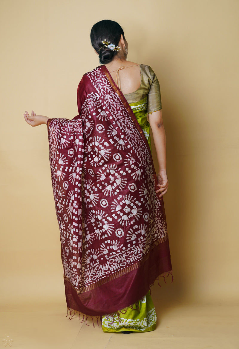 Olive Green-Maroon  Batik Printed Chanderi Sico Saree-UNM73169