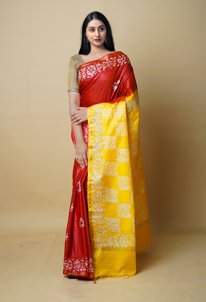 Red-Yellow  Batik Printed Chanderi Sico Saree-UNM73171