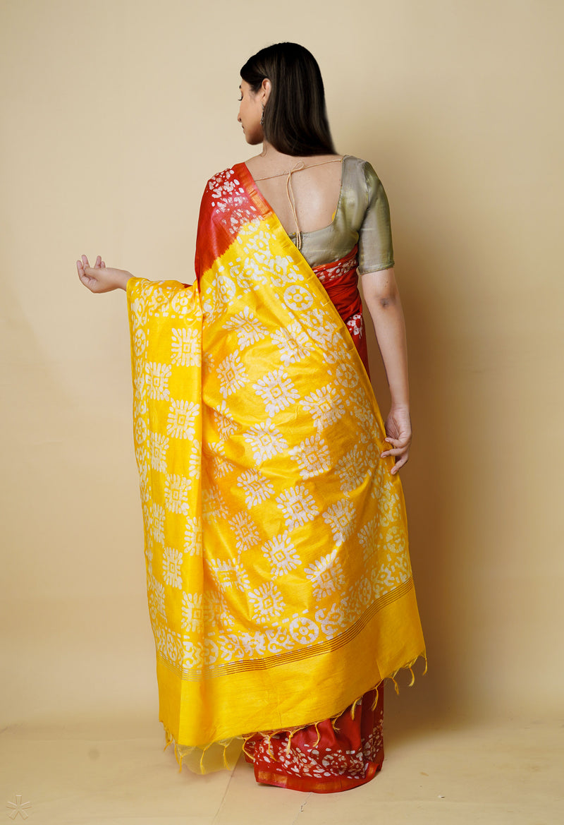 Red-Yellow  Batik Printed Chanderi Sico Saree-UNM73171