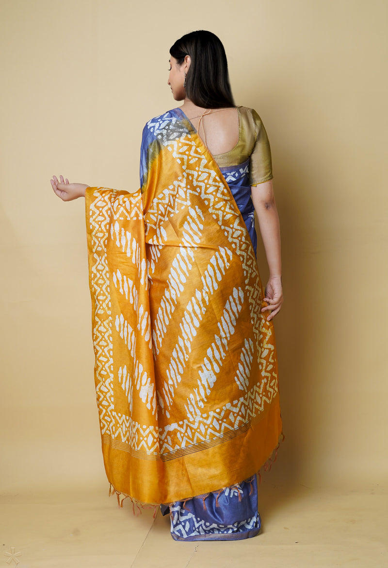 Bluish Grey-Sandal Wood Brown  Batik Printed Chanderi Sico Saree-UNM73172