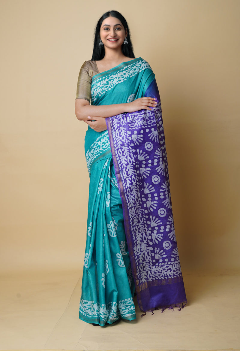 Teal Green-Violet  Batik Printed Chanderi Sico Saree-UNM73173