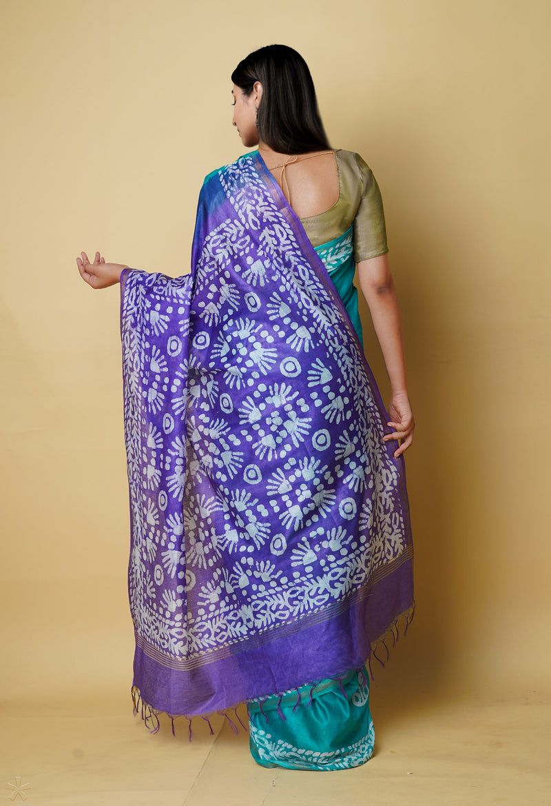 Teal Green-Violet  Batik Printed Chanderi Sico Saree-UNM73173