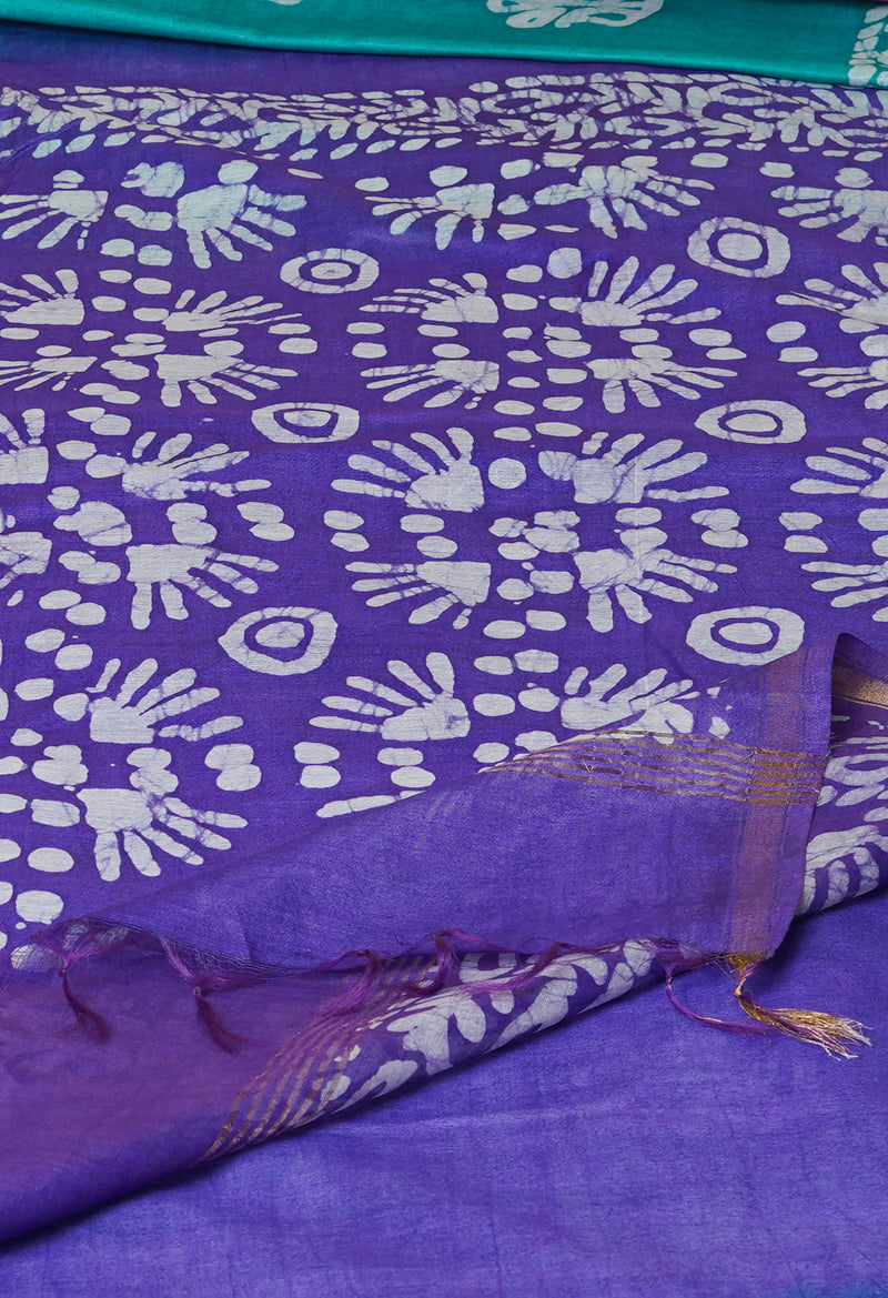 Teal Green-Violet  Batik Printed Chanderi Sico Saree-UNM73173