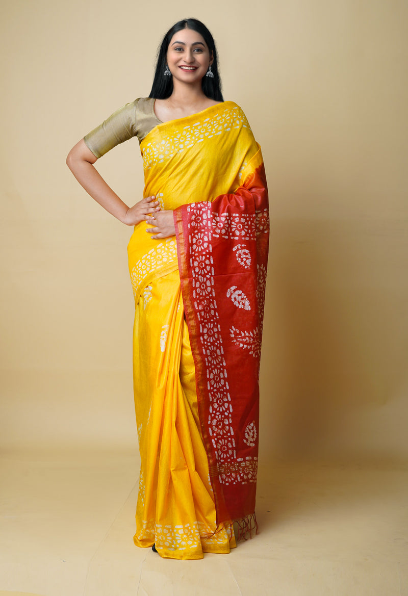 Yellow-Red  Batik Printed Chanderi Sico Saree-UNM73174