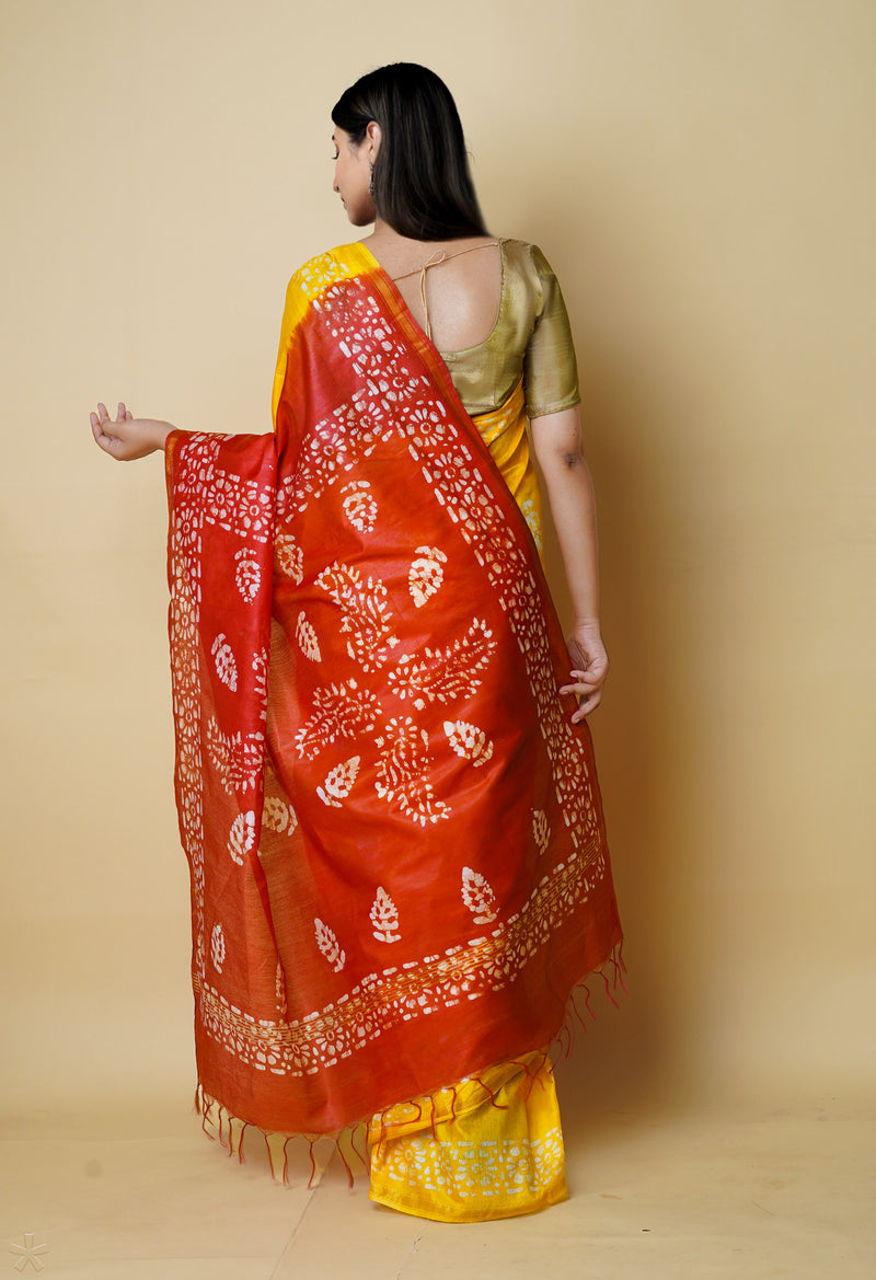 Yellow-Red  Batik Printed Chanderi Sico Saree-UNM73174