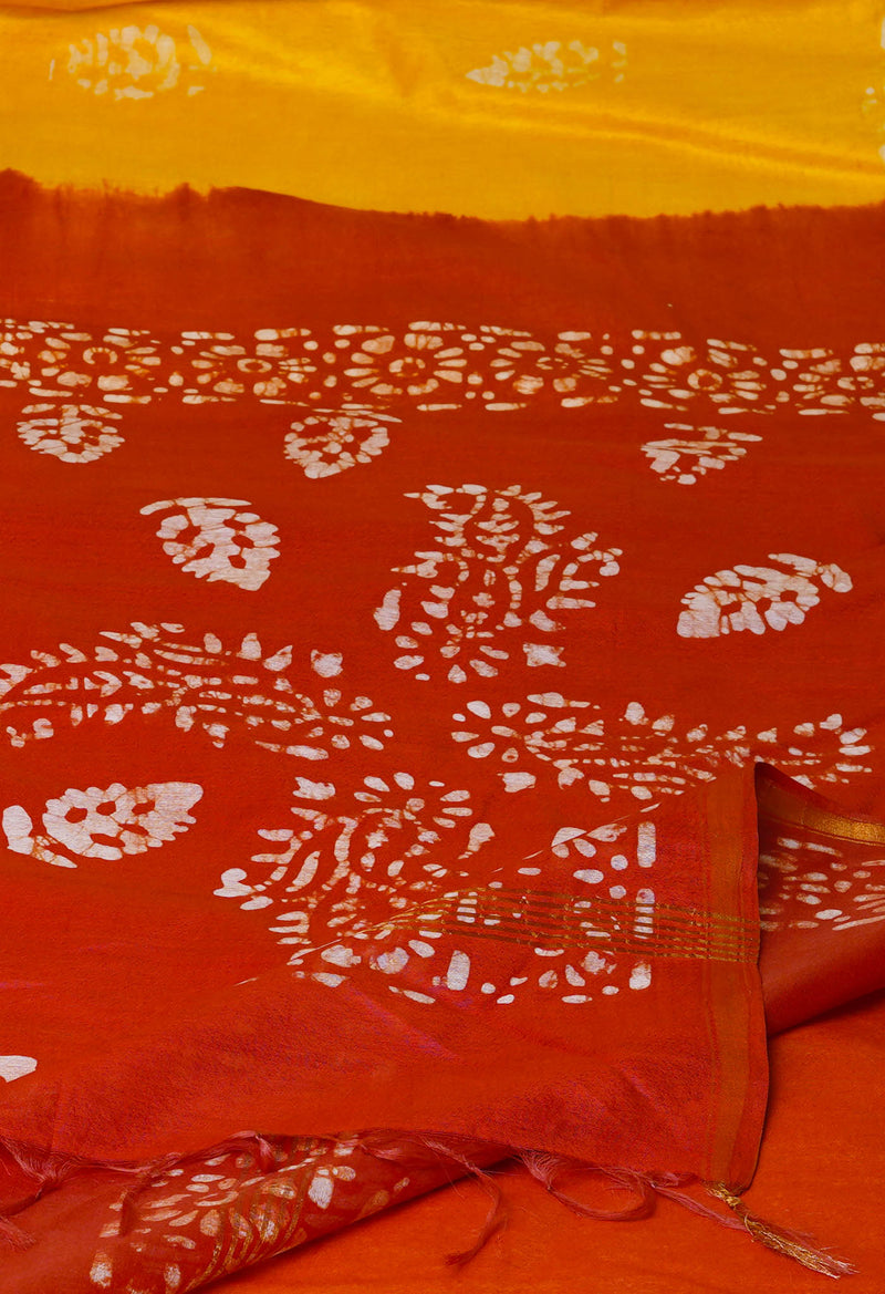 Yellow-Red  Batik Printed Chanderi Sico Saree-UNM73174