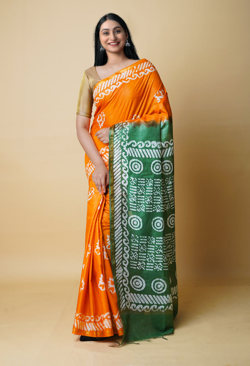 Orange-Green  Batik Printed Chanderi Sico Saree-UNM73176