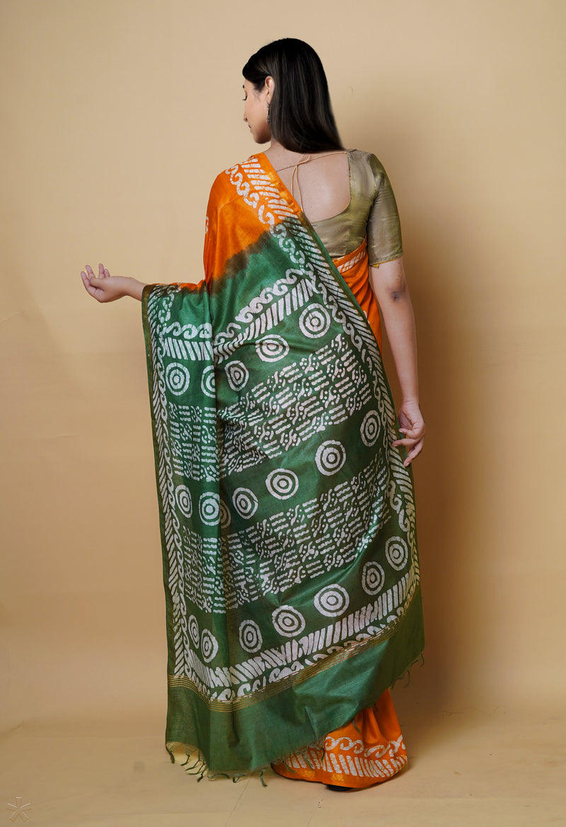 Orange-Green  Batik Printed Chanderi Sico Saree-UNM73176