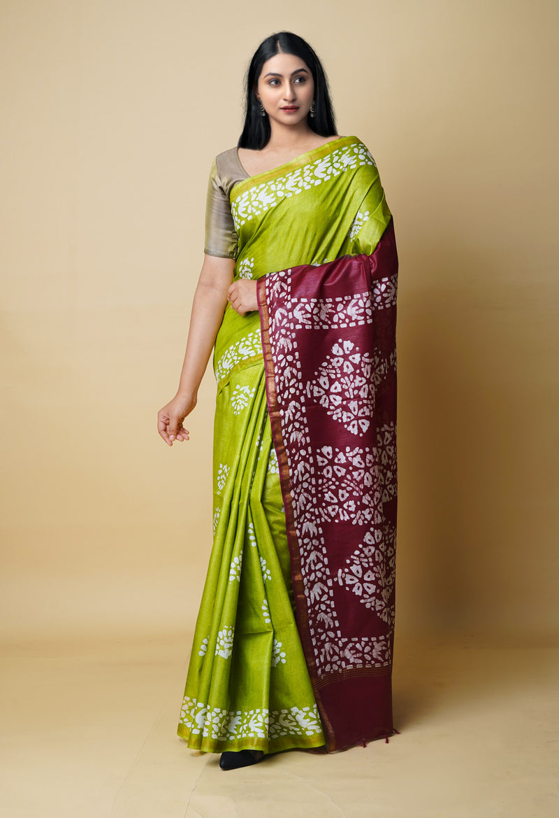 Green-Maroon  Batik Printed Chanderi Sico Saree-UNM73179