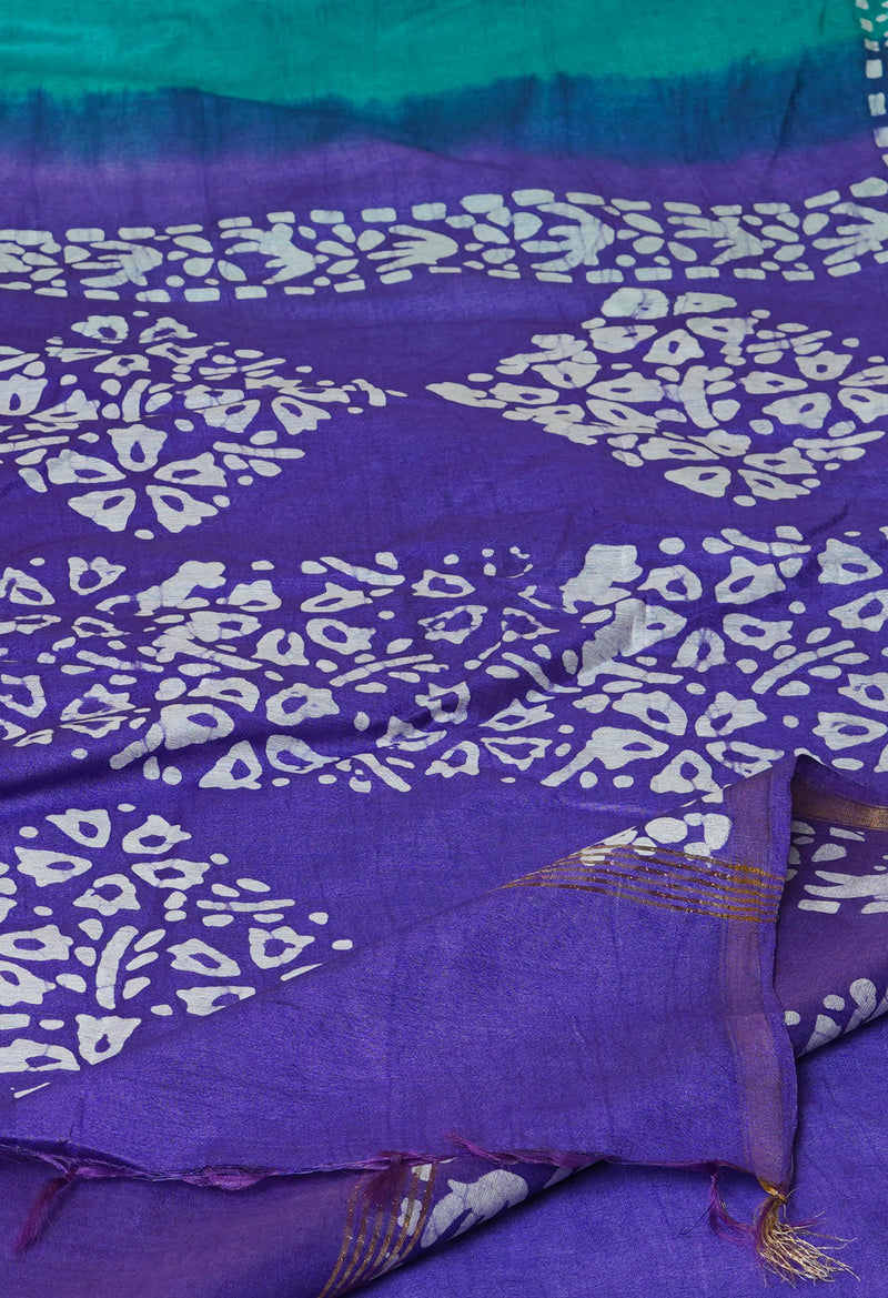 Teal Green-Violet  Batik Printed Chanderi Sico Saree-UNM73180