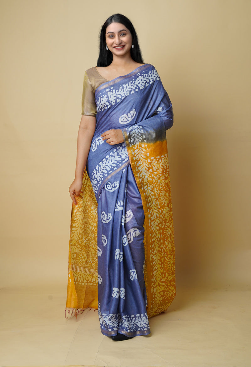 Bluish Grey-Sandal Wood Brown  Batik Printed Chanderi Sico Saree-UNM73181