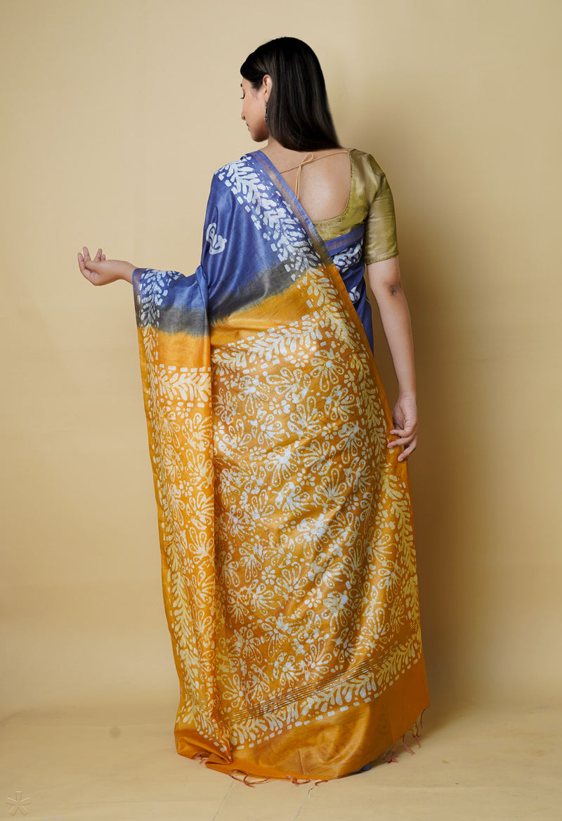 Bluish Grey-Sandal Wood Brown  Batik Printed Chanderi Sico Saree-UNM73181