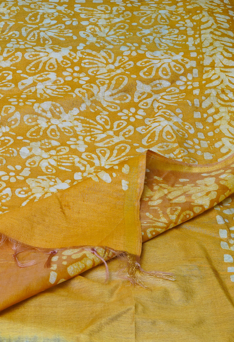 Bluish Grey-Sandal Wood Brown  Batik Printed Chanderi Sico Saree-UNM73181