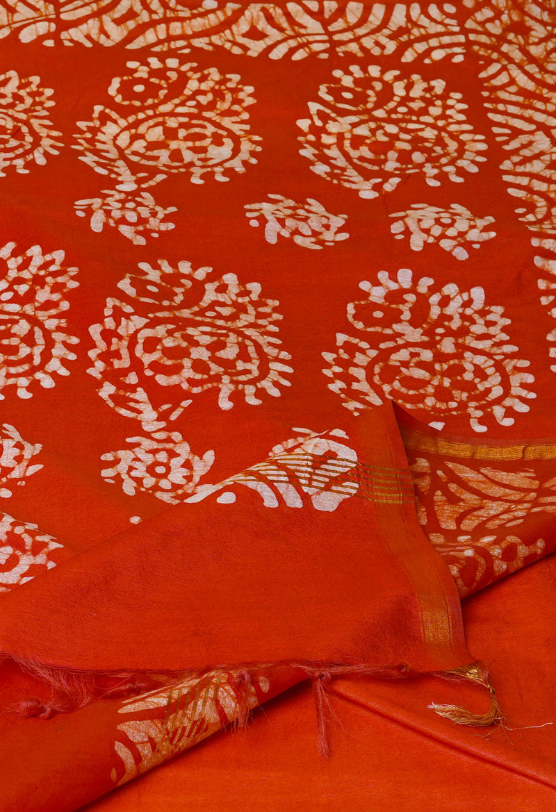 Yellow-Red  Batik Printed Chanderi Sico Saree-UNM73183