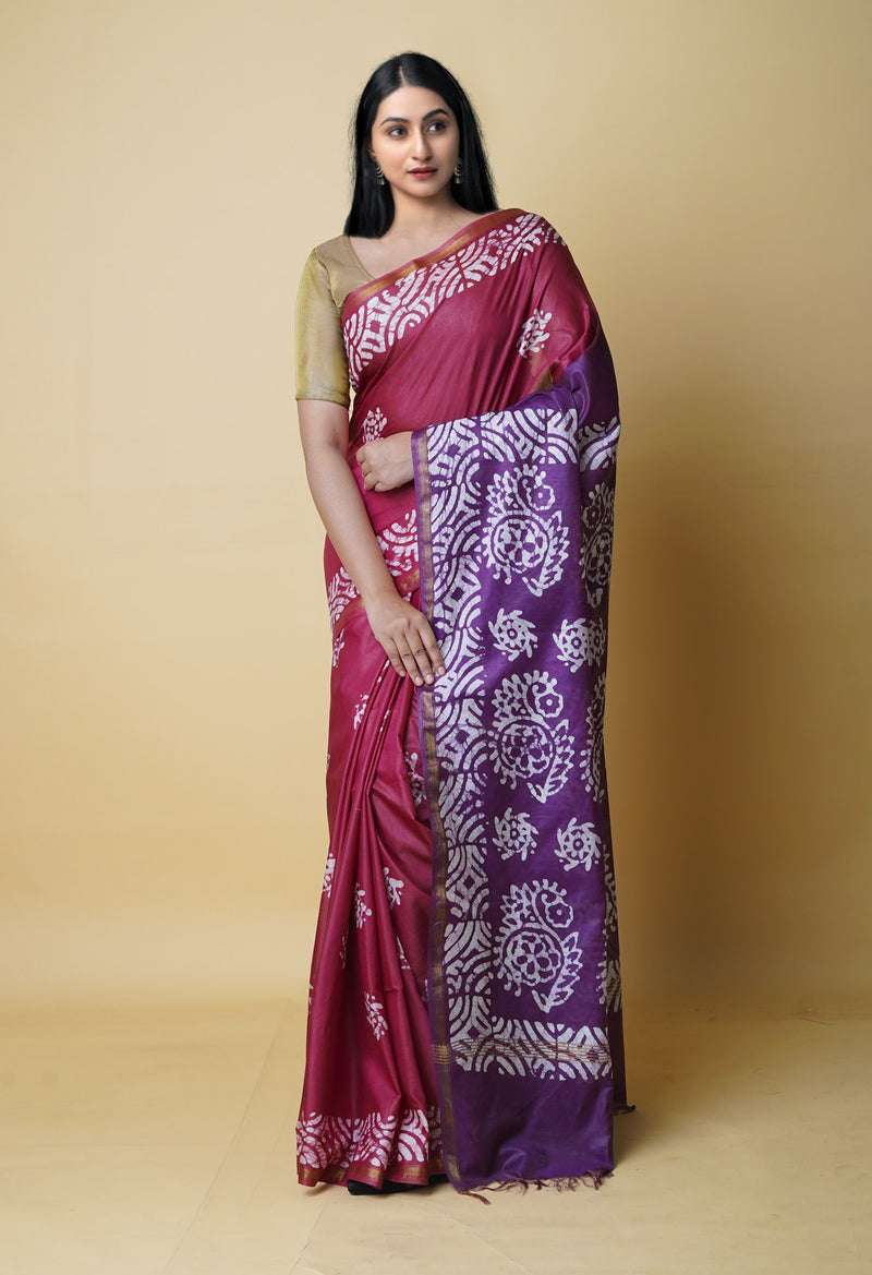 Maroon-Dark Violet  Batik Printed Chanderi Sico Saree-UNM73184