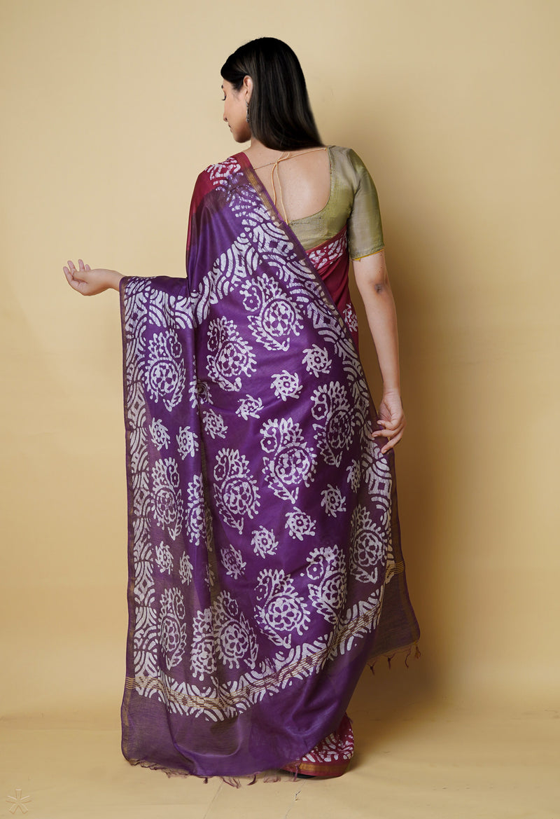 Maroon-Dark Violet  Batik Printed Chanderi Sico Saree-UNM73184