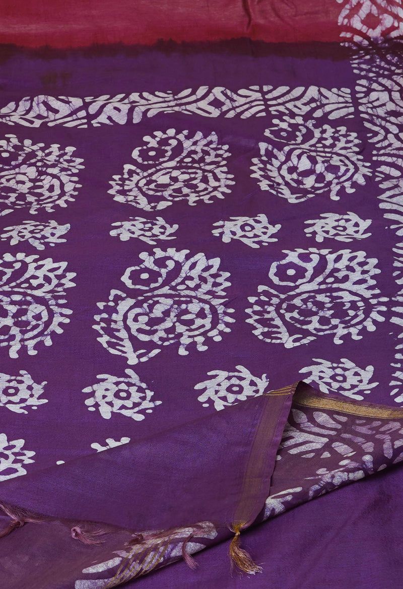 Maroon-Dark Violet  Batik Printed Chanderi Sico Saree-UNM73184