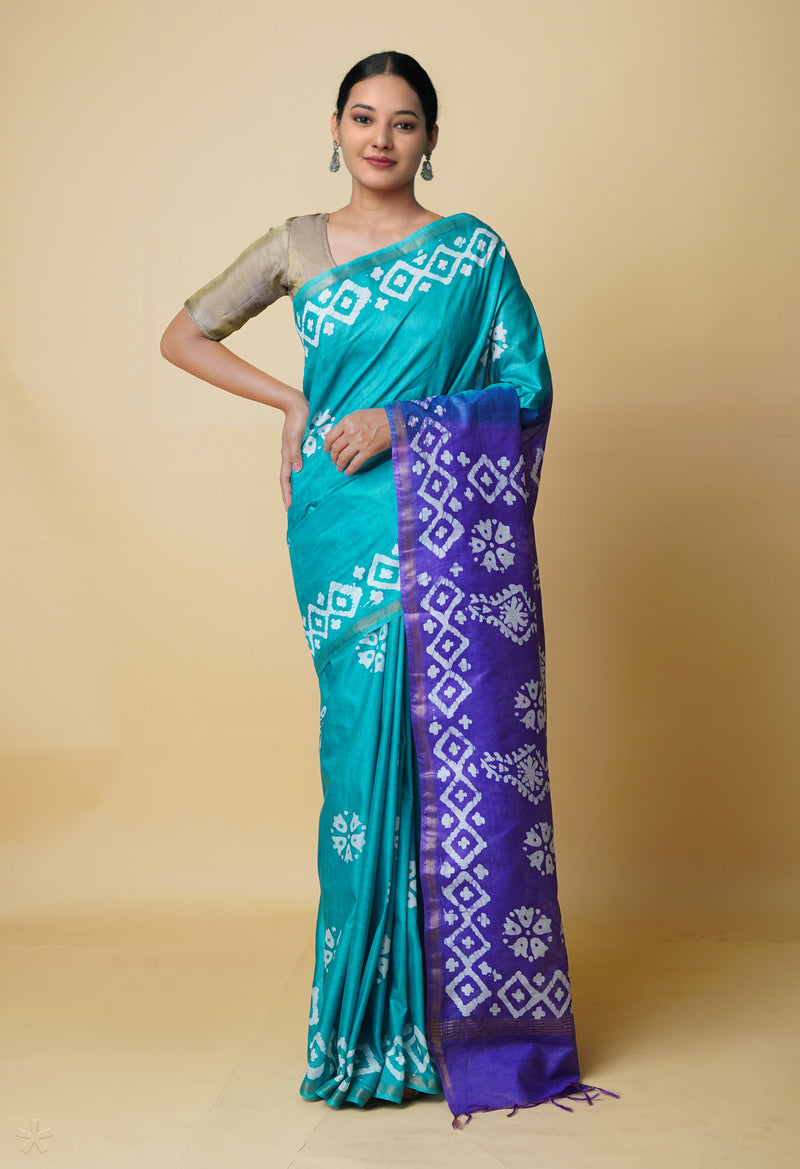 Teal Green-Violet  Batik Printed Chanderi Sico Saree-UNM73185