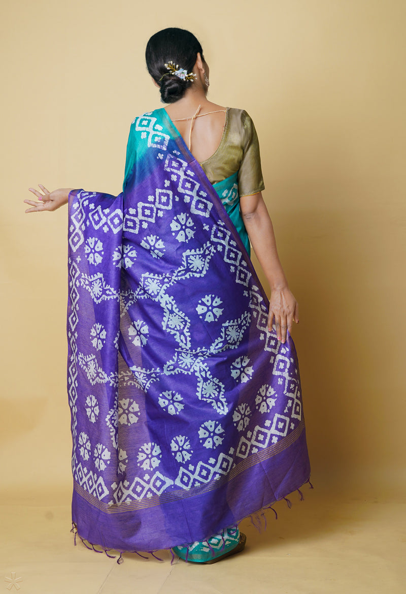 Teal Green-Violet  Batik Printed Chanderi Sico Saree-UNM73185