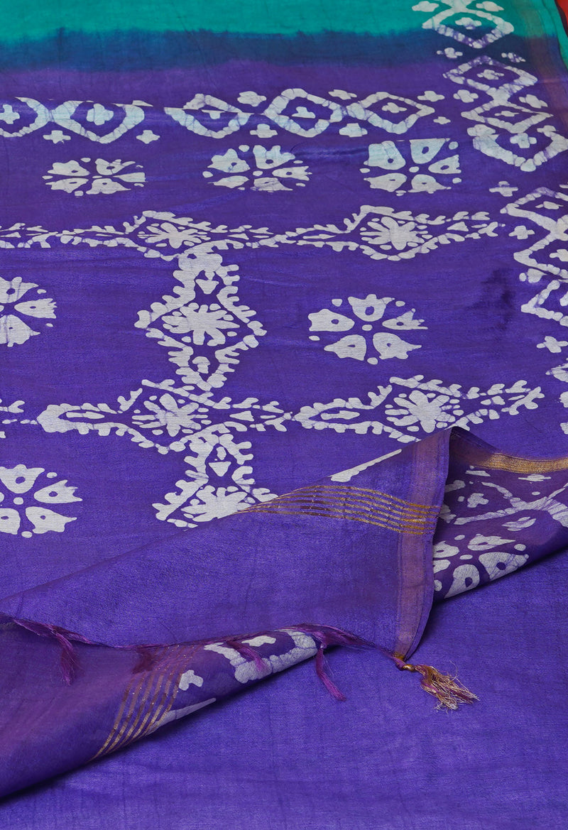 Teal Green-Violet  Batik Printed Chanderi Sico Saree-UNM73185