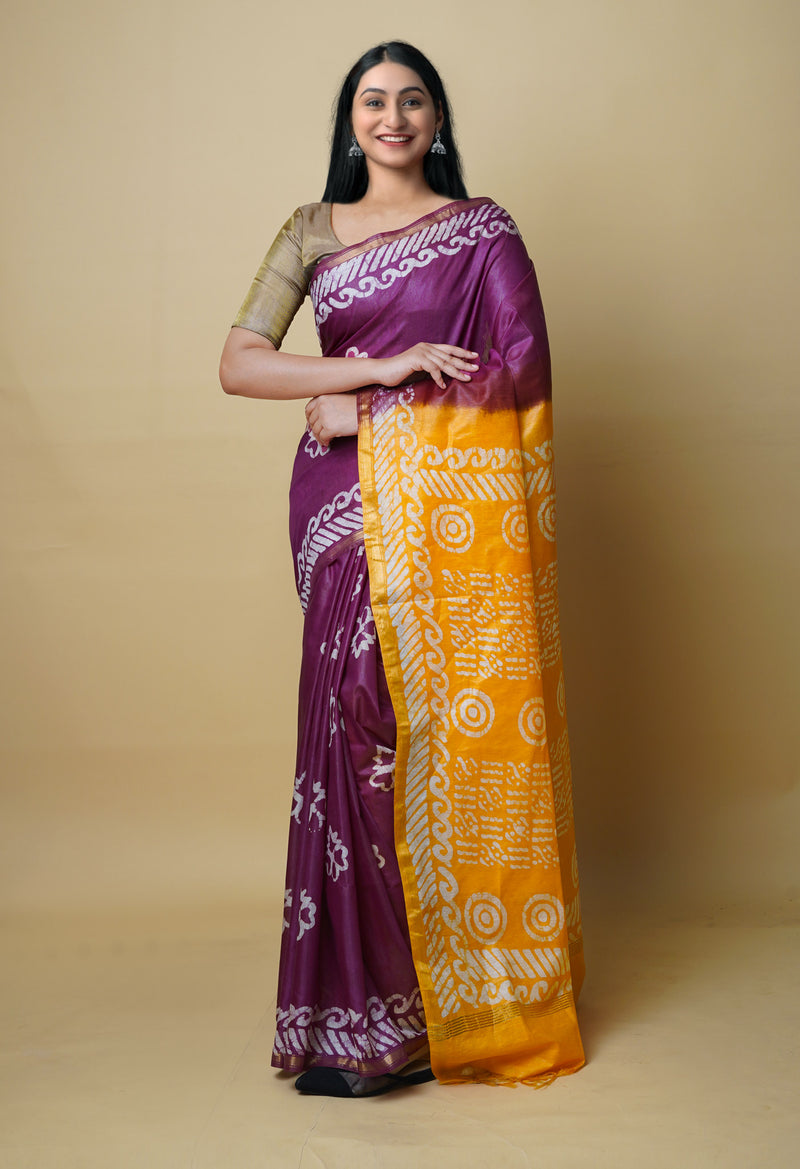 Dark Violet-Orange  Batik Printed Chanderi Sico Saree-UNM73187