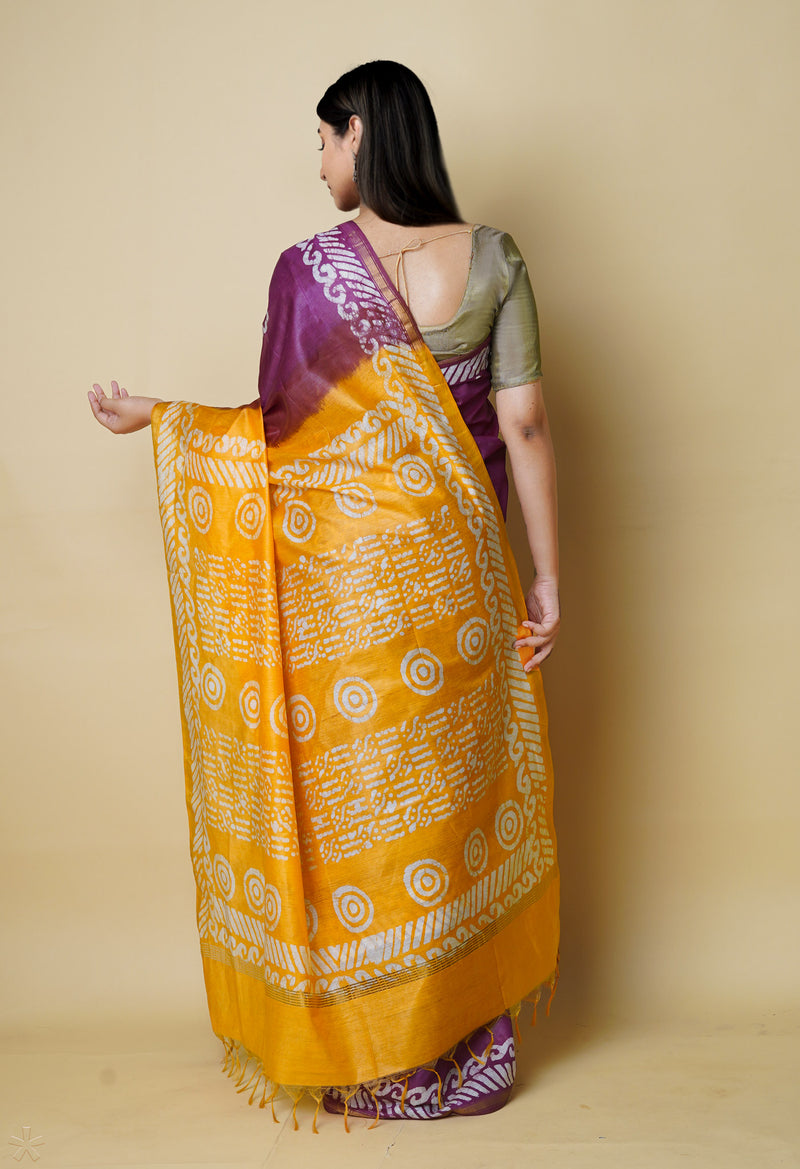 Dark Violet-Orange  Batik Printed Chanderi Sico Saree-UNM73187