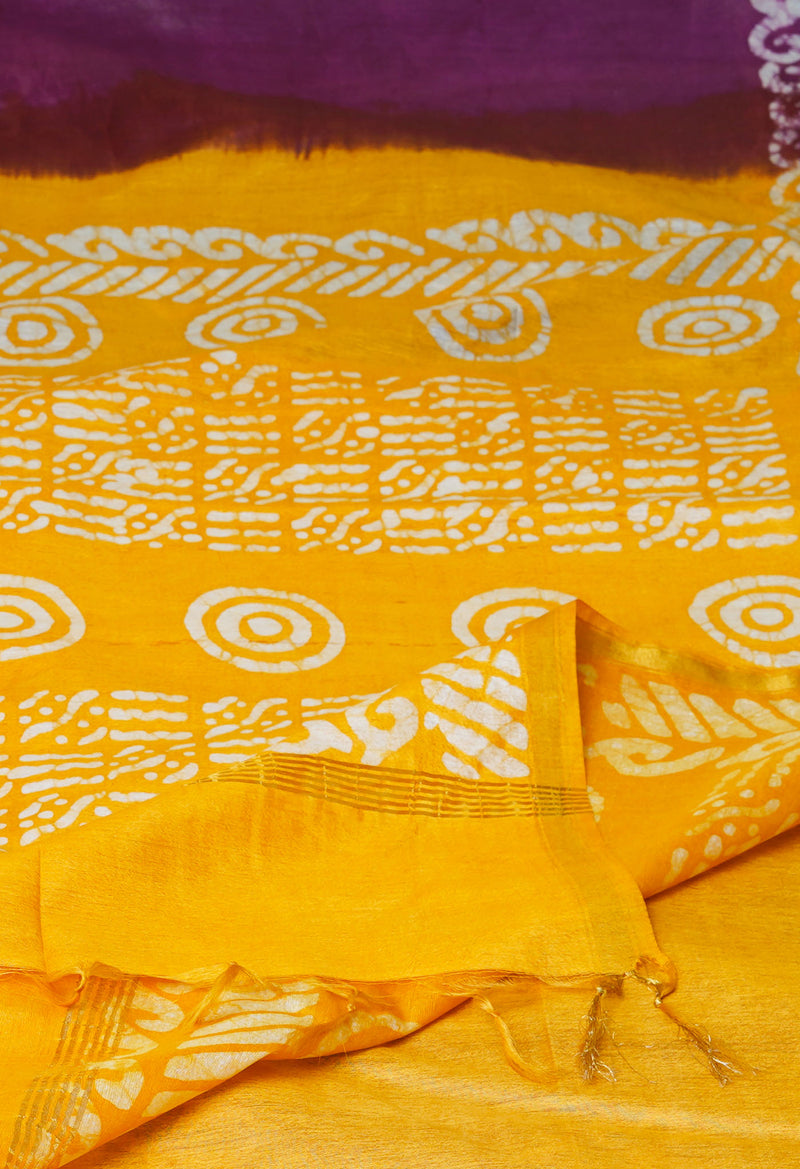 Dark Violet-Orange  Batik Printed Chanderi Sico Saree-UNM73187