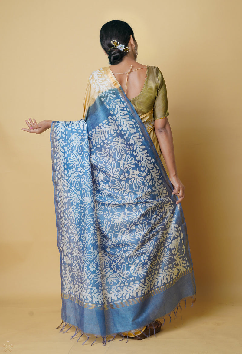 Cream-Blue  Batik Printed Chanderi Sico Saree-UNM73188