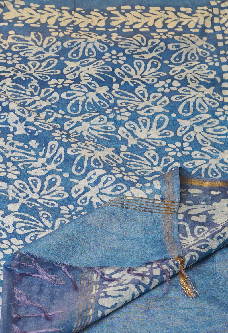 Cream-Blue  Batik Printed Chanderi Sico Saree-UNM73188
