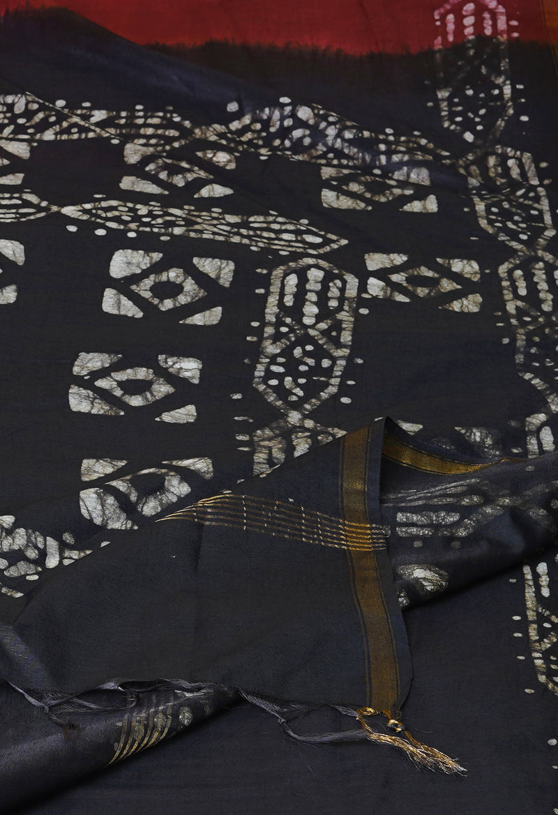 Maroon-Black  Batik Printed Chanderi Sico Saree-UNM73189