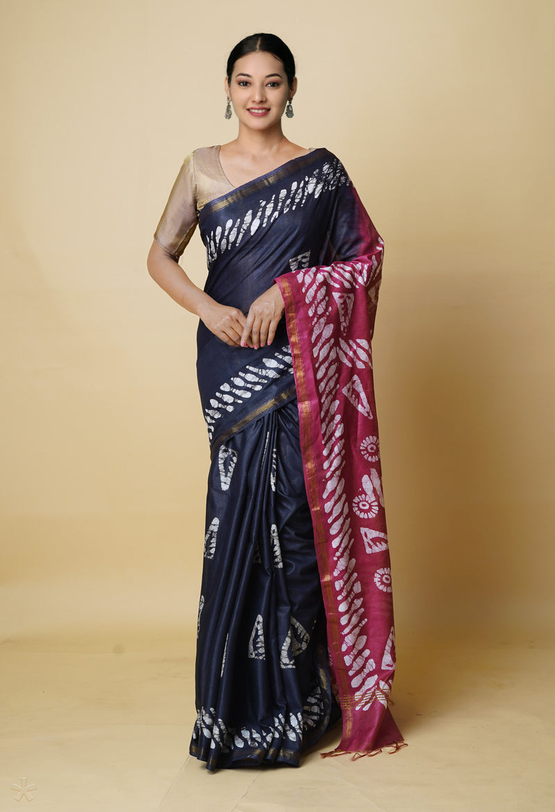Black-Grape Pink  Batik Printed Chanderi Sico Saree-UNM73190